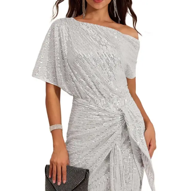 Women's Brimmed Shiny Party Dress One Shoulder Pleated Silver White - Shop at LoveMi