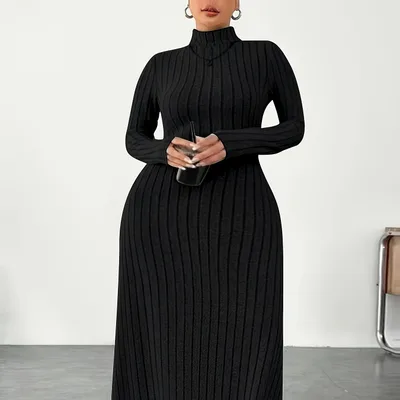 European And American Adult Lady Like Woman Plus Size Dress Autumn And Winter Simplicity Turtleneck Black - Shop at LoveMi