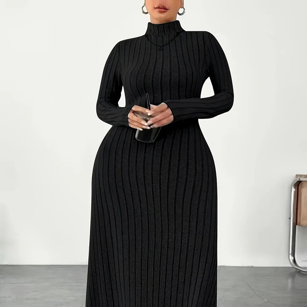European And American Adult Lady Like Woman Plus Size Dress Autumn And Winter Simplicity Turtleneck Black - Shop at LoveMi