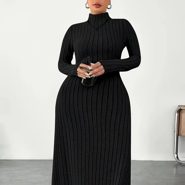 European And American Adult Lady Like Woman Plus Size Dress Autumn And Winter Simplicity Turtleneck Black - Shop at LoveMi