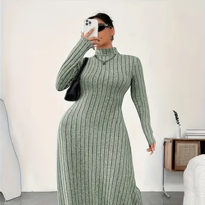 European And American Adult Lady Like Woman Plus Size Dress Autumn And Winter Simplicity Turtleneck Green - Shop at LoveMi