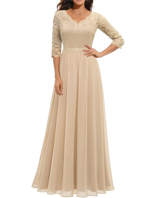 Lace Long Patchwork Waist Dress Champagne Beige - Shop at LoveMi