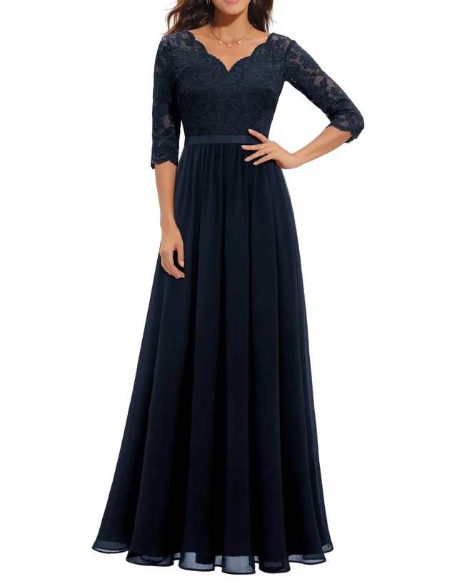Lace Long Patchwork Waist Dress Navy Blue - Shop at LoveMi