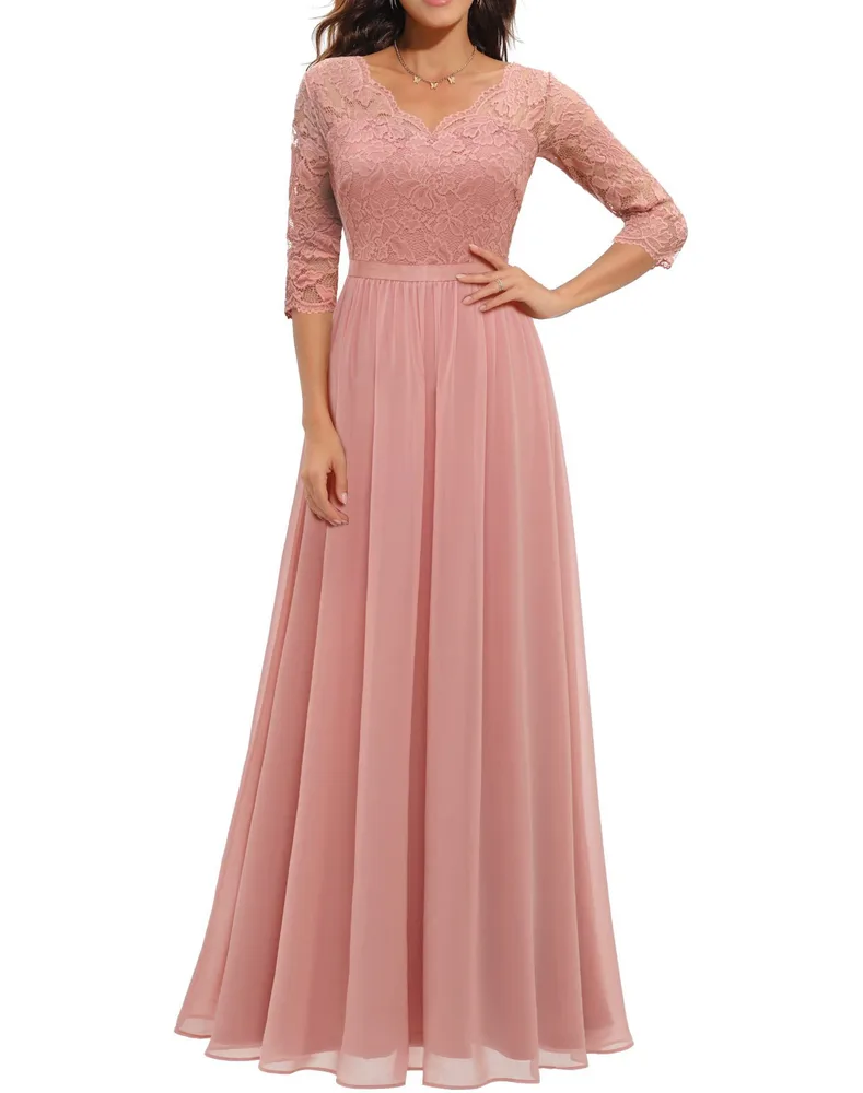 Lace Long Patchwork Waist Dress Pink - Shop at LoveMi