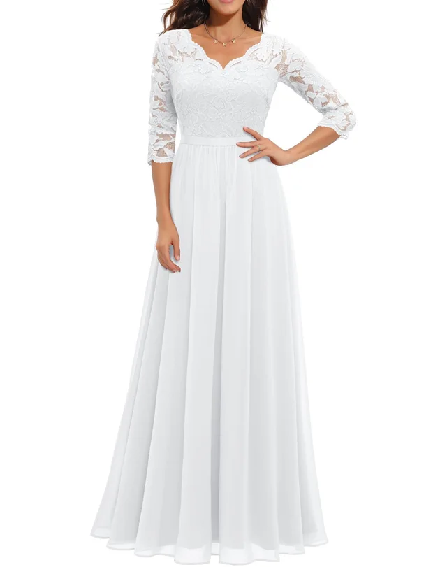 Lace Long Patchwork Waist Dress White - Shop at LoveMi