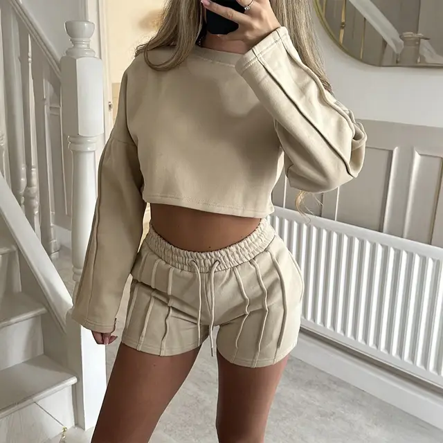 Casual Solid Color Hoodie Shorts Suit For Women Khaki - Shop at LoveMi