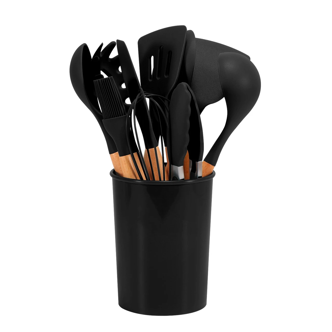 12-piece Non-stick Cooking Wooden Handle Silicone Kitchenware Set - Black Colour Box Package