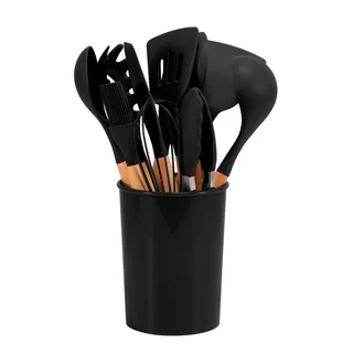 12-piece Non-stick Cooking Wooden Handle Silicone Kitchenware Set - Black Color Box Package