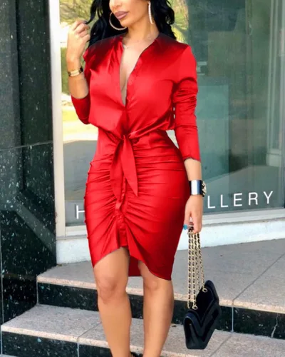 Women's Lace up Solid Color Long sleeved Shirt Dress Red - Shop at LoveMi