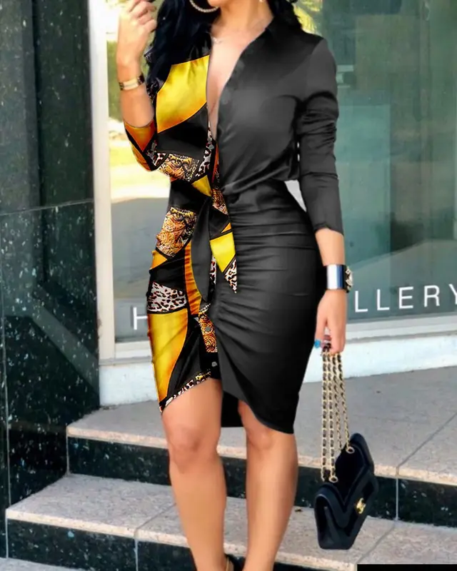 Women's Lace up Solid Color Long sleeved Shirt Dress Yellow Matched With Black - Shop at LoveMi