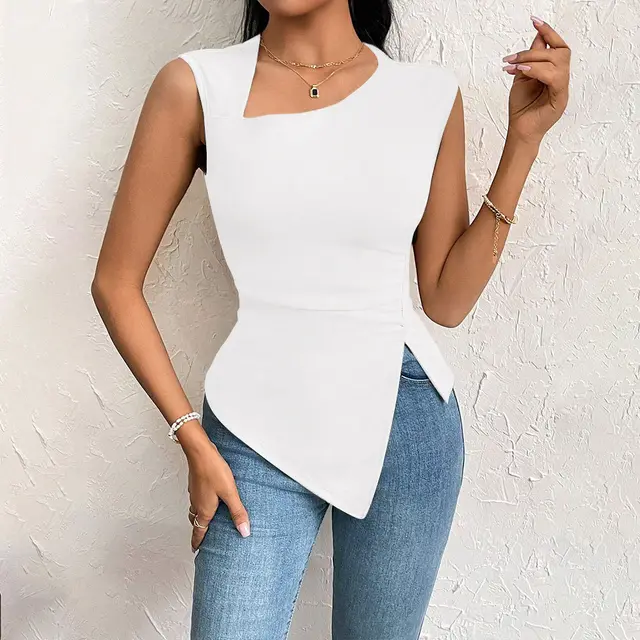 Diagonal Collar Slim fit Solid Color Short Sleeve Women Beige White - Shop at LoveMi
