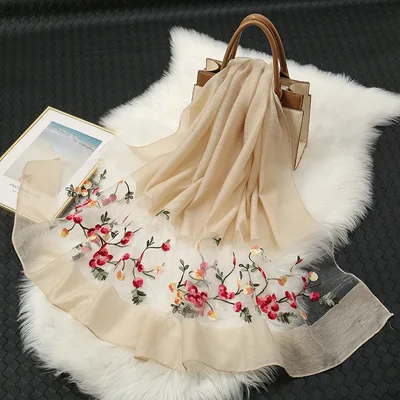 Elegant Versatile Embroidered Silk Scarf For Women Thin Beige - Shop at LoveMi