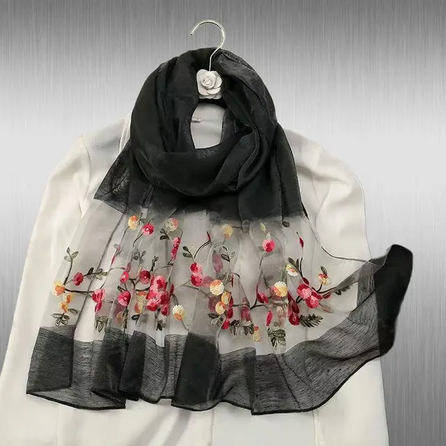 Elegant Versatile Embroidered Silk Scarf For Women Thin Black - Shop at LoveMi