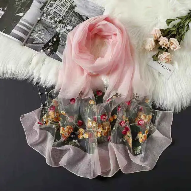 Elegant Versatile Embroidered Silk Scarf For Women Thin Pink - Shop at LoveMi