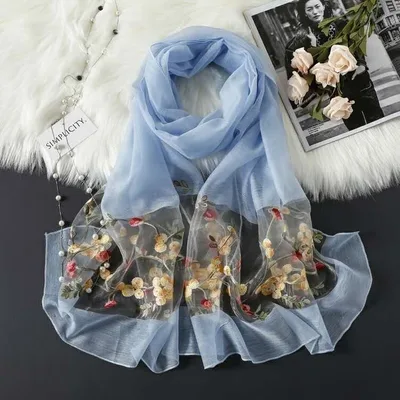 Elegant Versatile Embroidered Silk Scarf For Women Thin Sky Blue - Shop at LoveMi