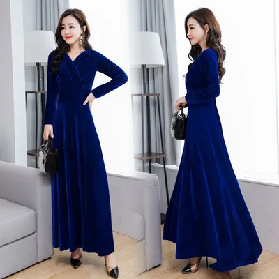 Temperament Long Sleeve Plus Size Dress Blue - Shop at LoveMi