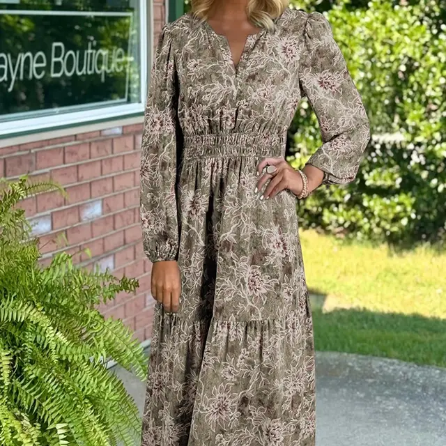Green Floral Print Smocked High Waist Long Sleeve Maxi Dress Green - Shop at LoveMi
