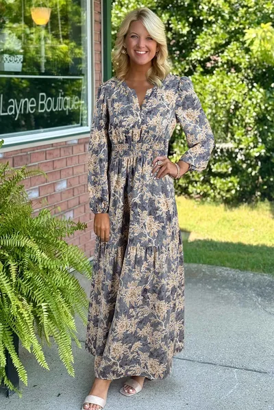 Green Floral Print Smocked High Waist Long Sleeve Maxi Dress Sky Blue - Shop at LoveMi