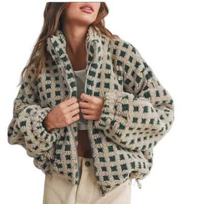 New Women Anti blowing Lamb Wool Plaid Fashion Casual Loose Jacket Apricot Bottom Green Plaid - Shop at LoveMi