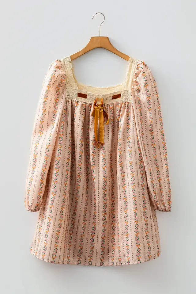 Khaki Floral Print Contrast Velvet Bow Lace Patchwork Long Sleeve Loose Mini Dress Khaki - Shop at LoveMi