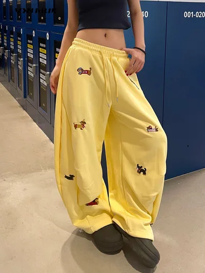 Embroidered Slacks Women's Loose Slimming And All matching Street Drape Wide Leg Yellow - Shop at LoveMi