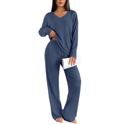 Autumn And Winter Suit Sunken Stripe Brushed Comfortable Loose Pajamas Ladies' Homewear Two Pieces Blue - Shop at LoveMi