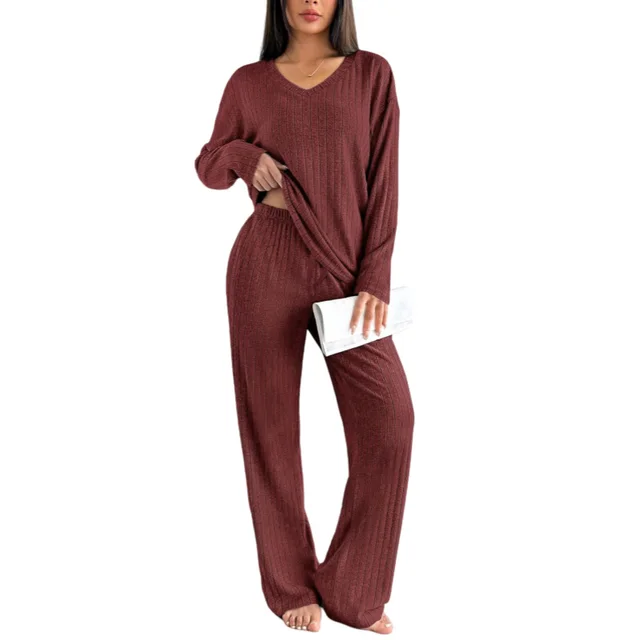 Autumn And Winter Suit Sunken Stripe Brushed Comfortable Loose Pajamas Ladies' Homewear Two Pieces Reddish Brown - Shop at LoveMi