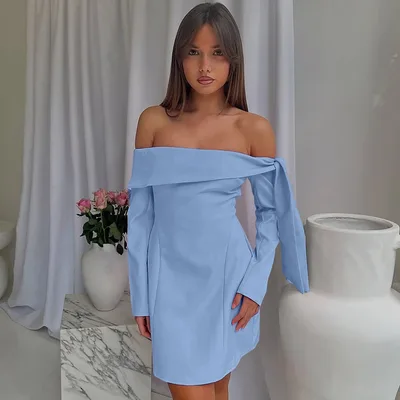 Fashionable Off shoulder Slim fit Long sleeved Dress For Women Sky Blue - Shop at LoveMi
