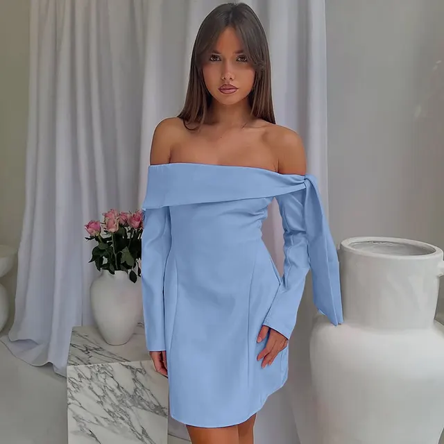 Fashionable Off shoulder Slim fit Long sleeved Dress For Women Sky Blue - Shop at LoveMi