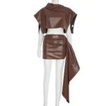 Women's Autumn And Winter New Sexy Irregular Top Ribbon Skirt Leather Suit - Coffee Color