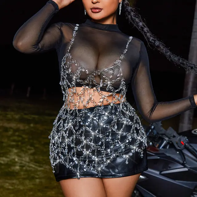 Octagonal Beads Hollow out Nude Wear Body Chains Black Suit Outer Beaded White - Shop at LoveMi