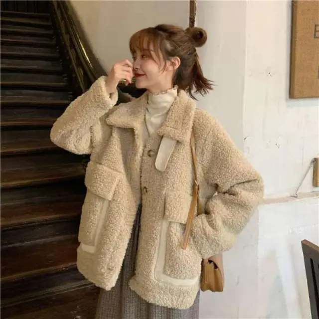 Korean Style Warm Thickened Design Autumn And Winter Faux Lamb Coat For Women Camel - Shop at LoveMi