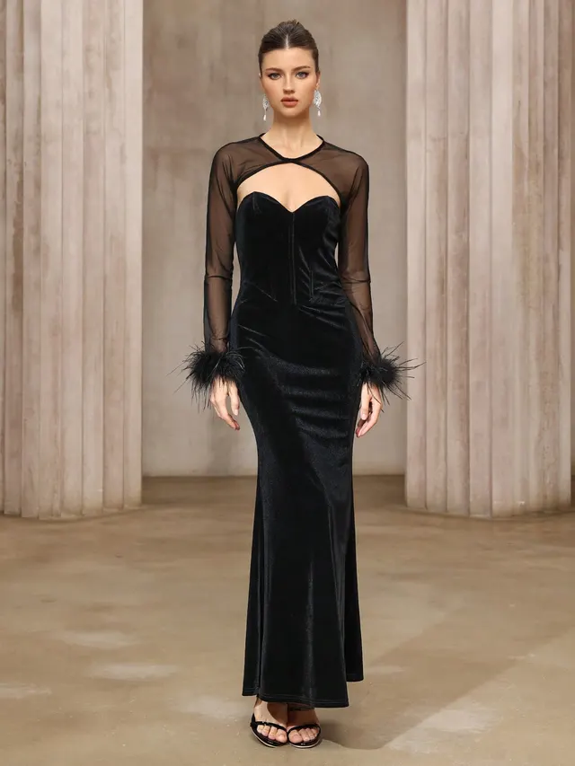 Semi transparent Mesh Top Velvet Tube Top Dress Two piece Set Dmxh250608 Black - Shop at LoveMi