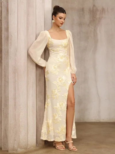 Plate Flower Embroidered Square Collar Slit Banquet Dress Dmxh250719 Yellow - Shop at LoveMi