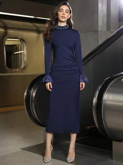 Slim fit Pearl Stand Collar Long Sleeve Dress Dmxh250406 Navy Blue - Shop at LoveMi