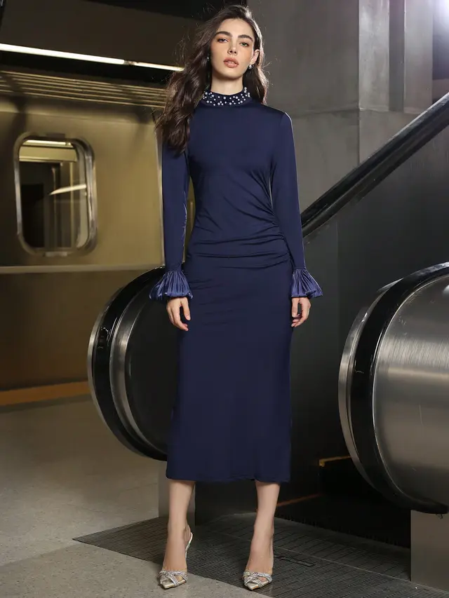 Slim fit Pearl Stand Collar Long Sleeve Dress Dmxh250406 Navy Blue - Shop at LoveMi