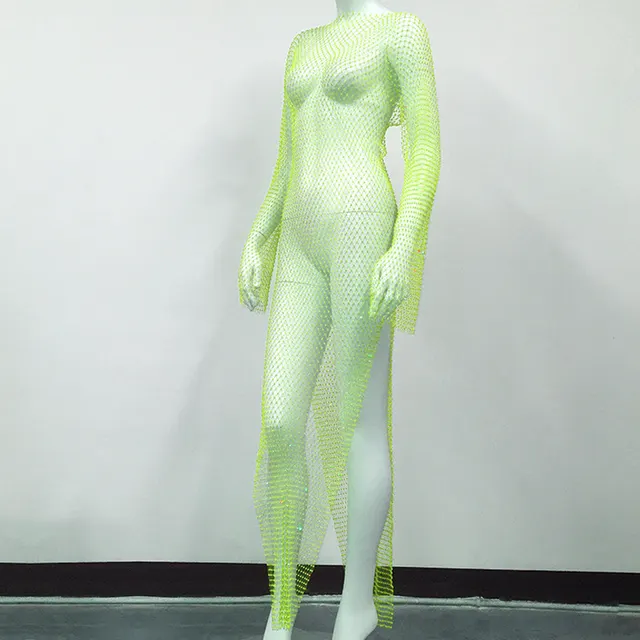 Women's Mesh Rhinestone Fishnet Sexy Slit Fishnet Dress Fluorescent Green Split - Shop at LoveMi