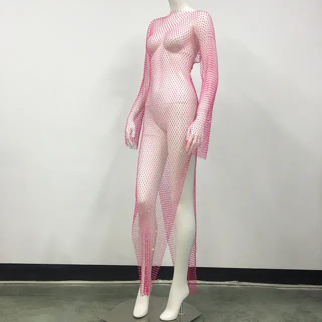 Women's Mesh Rhinestone Fishnet Sexy Slit Fishnet Dress Rose Red Split - Shop at LoveMi