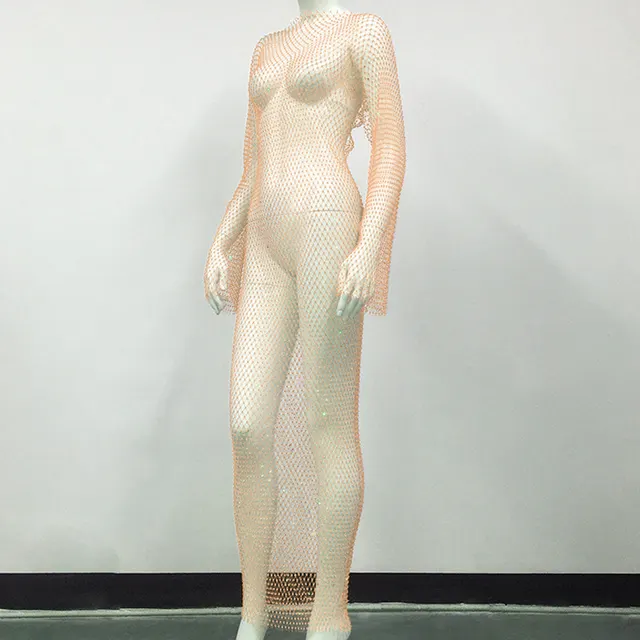 Women's Mesh Rhinestone Fishnet Sexy Slit Fishnet Dress Skin Color - Shop at LoveMi