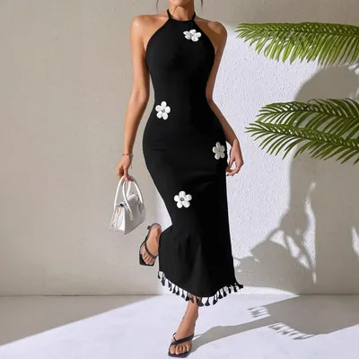 Slim Fit Long Flower Small Turtleneck Dress Black - Shop at LoveMi