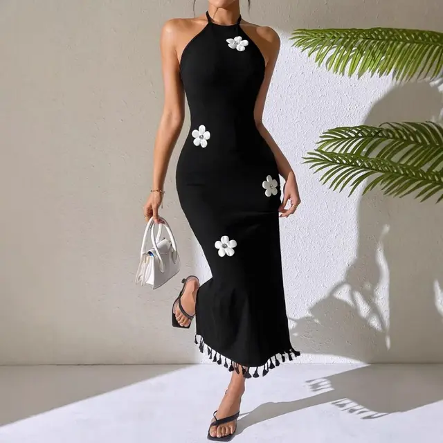 Slim Fit Long Flower Small Turtleneck Dress Black - Shop at LoveMi