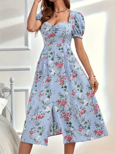 Printed Bubble Elegant Graceful Short Sleeve Dress Blue - Shop at LoveMi