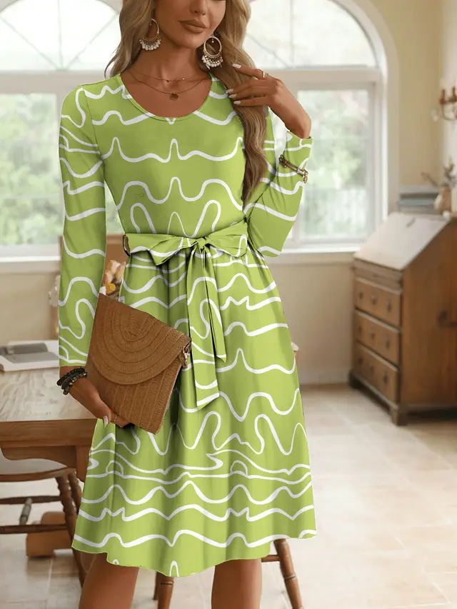 Striped Round Neck Cashmere Long Sleeve Mid length Waist Dress Grass Green - Shop at LoveMi