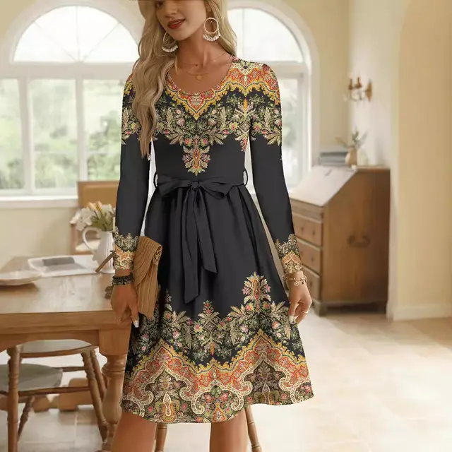 Printed Round Neck Long Sleeve Belt Mid length Waist Dress Black - Shop at LoveMi