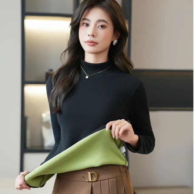 Fleece lined Thickened Bottoming Shirt Women's Half High necked Black - Shop at LoveMi