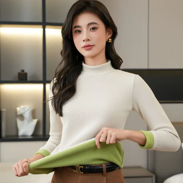 Fleece lined Thickened Bottoming Shirt Women's Half High necked Milk Apricot - Shop at LoveMi