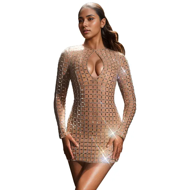 Fashion Women's Wear Sexy Backless Rhinestone Long Sleeve Dress Apricot - Shop at LoveMi