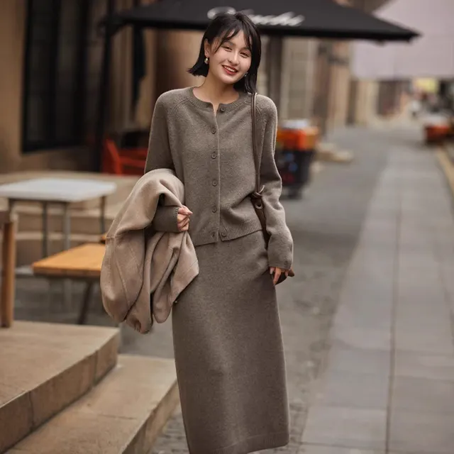 High grade Temperament Crew Neck Wool Knit Cardigan Suit Skirt Women's Loose Two piece Suit Sweater Cardigan Skirt Oatmeal Color - Shop at LoveMi