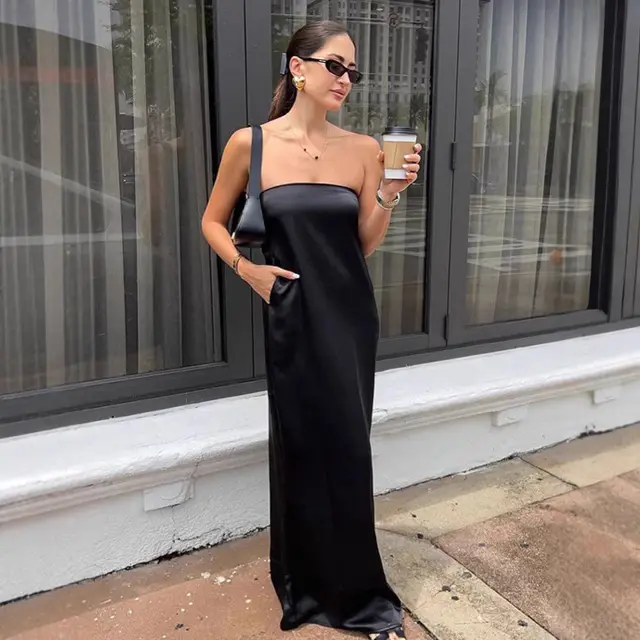 Fashionable Simple Satin Tube Top Dress For Women Black - Shop at LoveMi