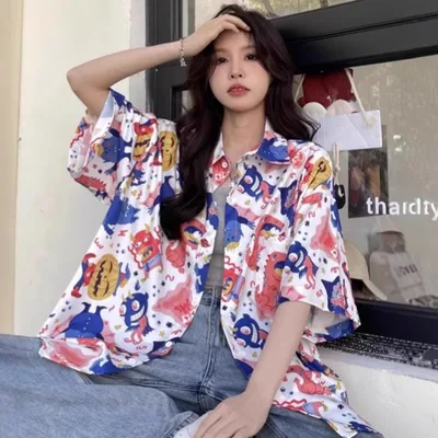 Summer Retro Full Printed Short sleeved Shirt For Women Picture Color Xl - Shop at LoveMi